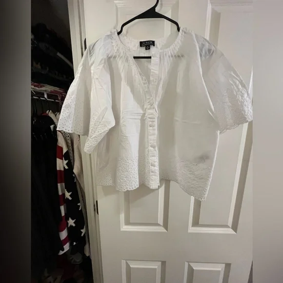 J. Crew Cropped White Eyelet Button-Front Cotton Blouse - Picture 2 of 7